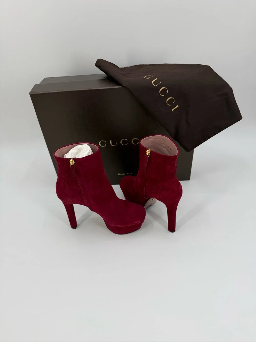 Gucci Kid Scamosciato Burgundy Suede Platform Ankle Boots Heels Zip Luxury SZ 6